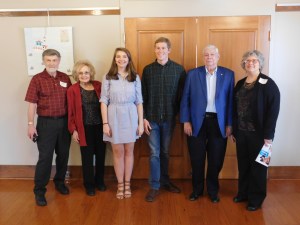 Left to Right:  PRA President Dennis Patton, Arkansas Poet Laureate Jo McDougall, 3rd Place Winner Alexandra Borchardt from Arkansas State University, 1st Place Winner Jake Sawyer from University of the Ozarks, JDC Sponsor Roger Carter, and JDC Contest Chair Donna Smith