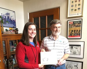 Annie Knight (on left) - Senior Division - 1st place - receives her certificate and award from Dennis Patton.