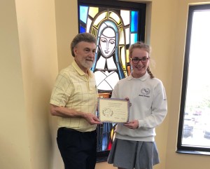 Hannah Brockette (on right) - Senior Division - 1st HM - receives her certificate and award from Dennis Patton.