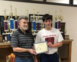 Jacob McGinness (on right) - Junior Division - 3rd place - receives his certificate and award from Dennis Patton.